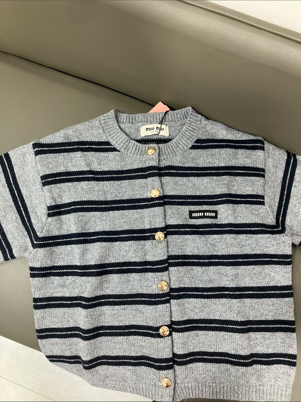 Miu Miu Gray & Navy Striped Long-Sleeve Knit Top